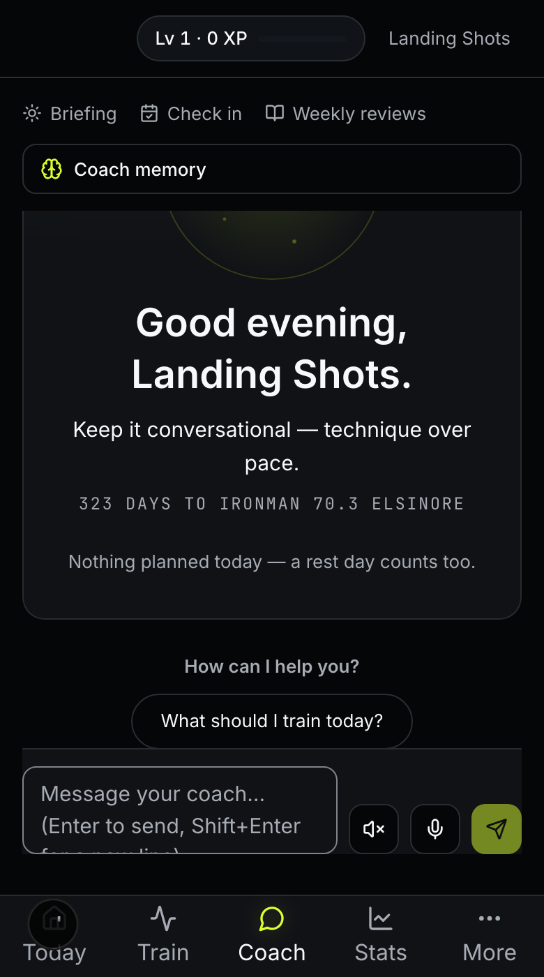 Fe26 coach screen: contextual briefing with days to race and today’s focus